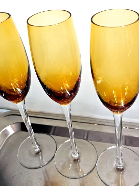 3 Vintage Amber Champagne Flutes Glasses 9.75" toasting winter fall parties - Picture 3 of 6